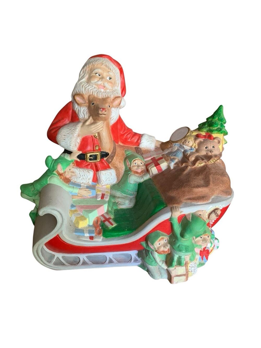 Santa Claus Sleigh Christmas Figurine Holiday Tabletop Decor Ceramic Vintage‎